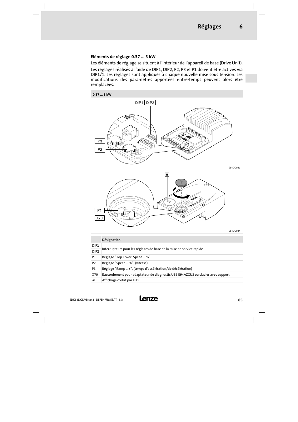 Réglages 6 | Lenze 8400 motec Mounting Instructions User Manual | Page 85 / 164