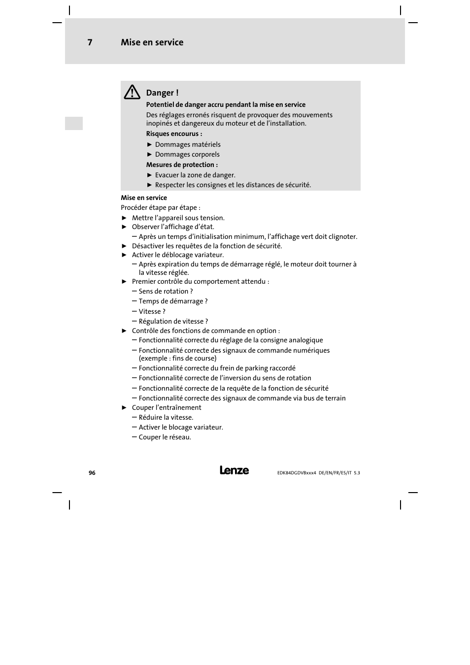 Mise en service 7 | Lenze 8400 motec Mounting Instructions User Manual | Page 96 / 164