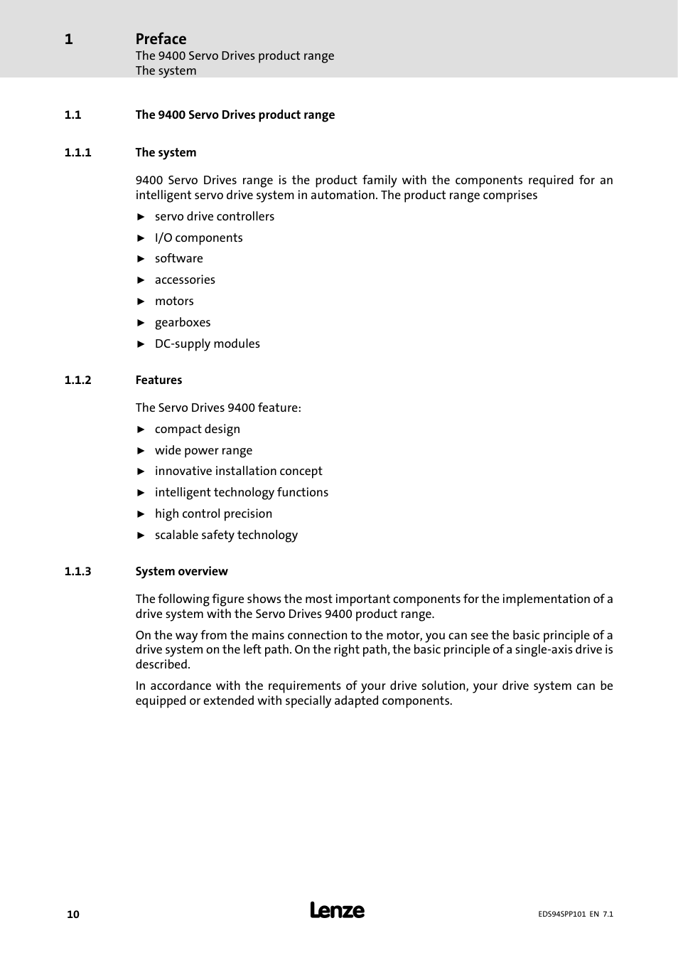 1 the 9400 servo drives product range, 1 the system, 2 features | 3 systemoverview, The system, Features, System overview, Preface | Lenze 9400 Manual User Manual | Page 10 / 584