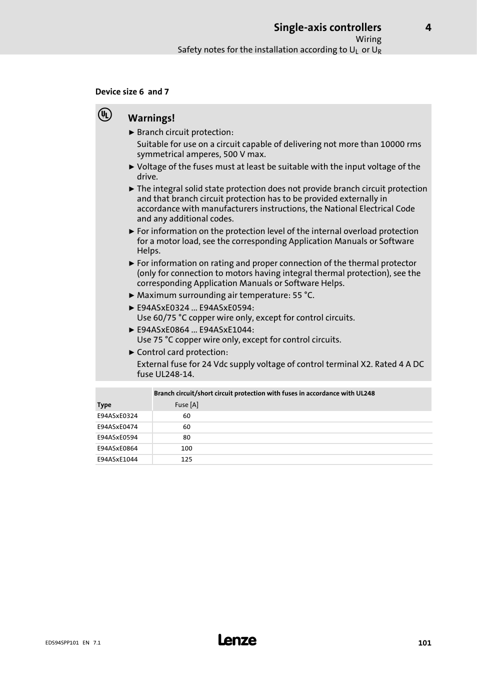 Single-axis controllers, Warnings | Lenze 9400 Manual User Manual | Page 101 / 584