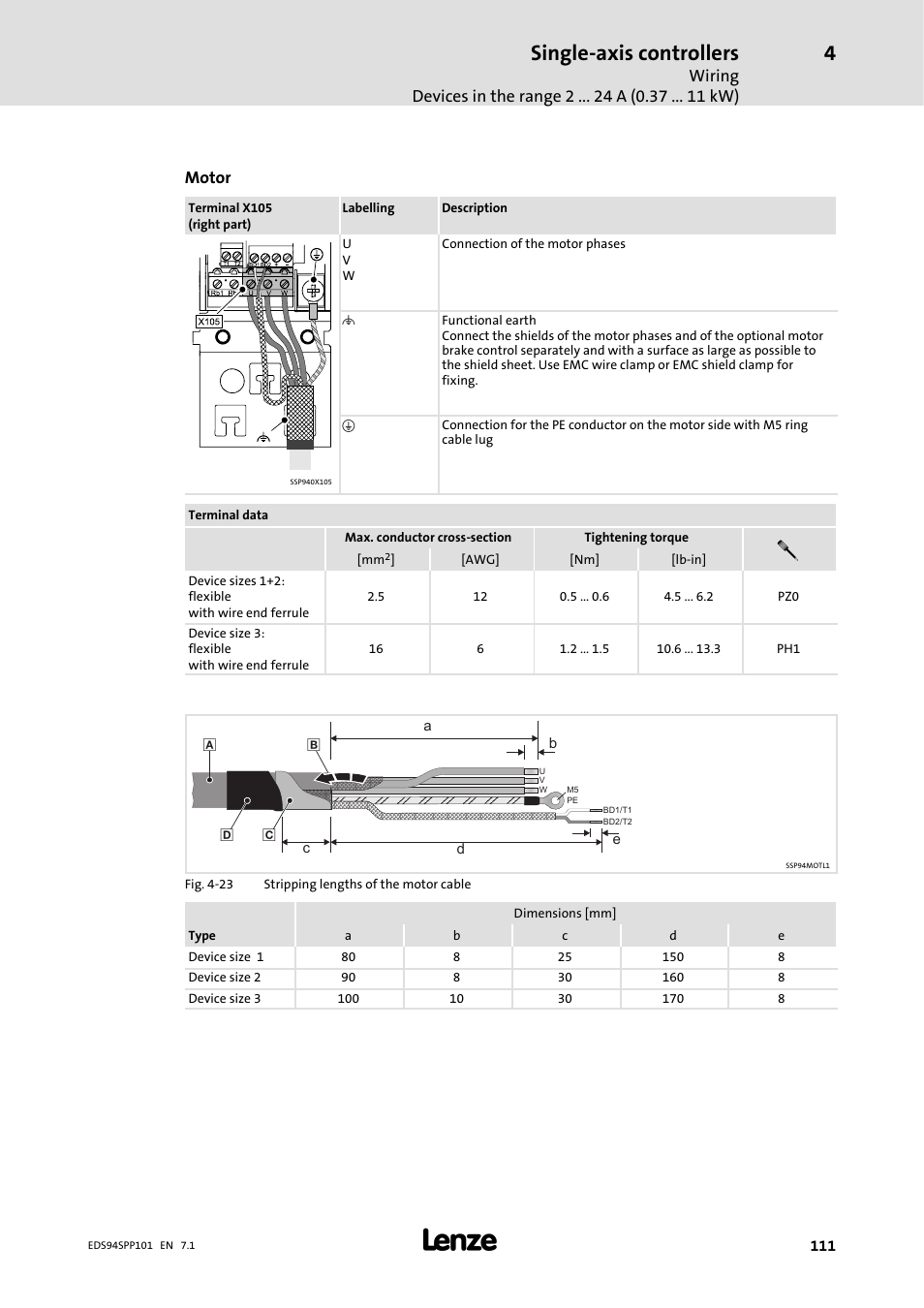 Single-axis controllers, Wiring devices in the range 2 a (0.37 kw), Motor | Lenze 9400 Manual User Manual | Page 111 / 584