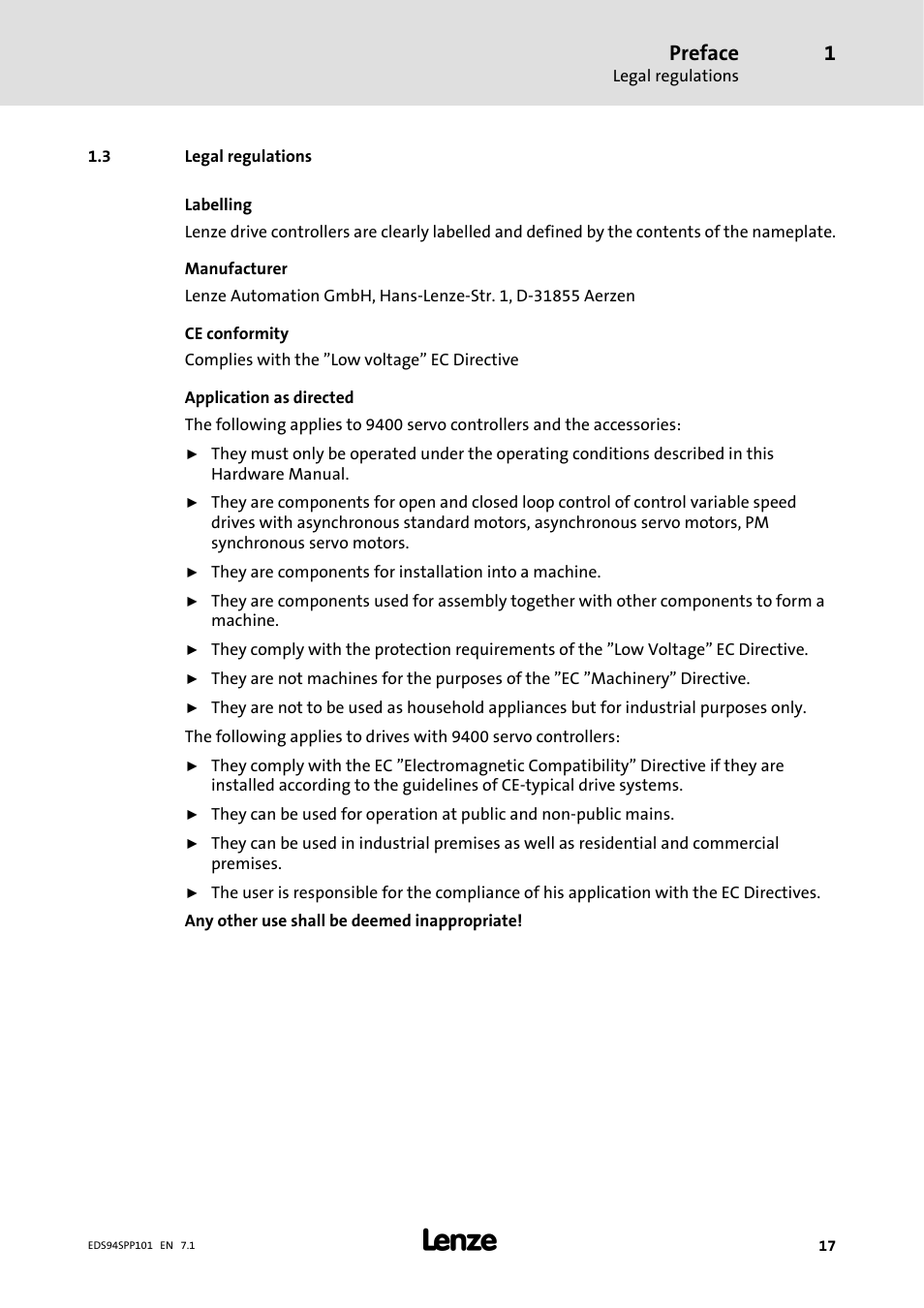 3 legal regulations, Preface | Lenze 9400 Manual User Manual | Page 17 / 584