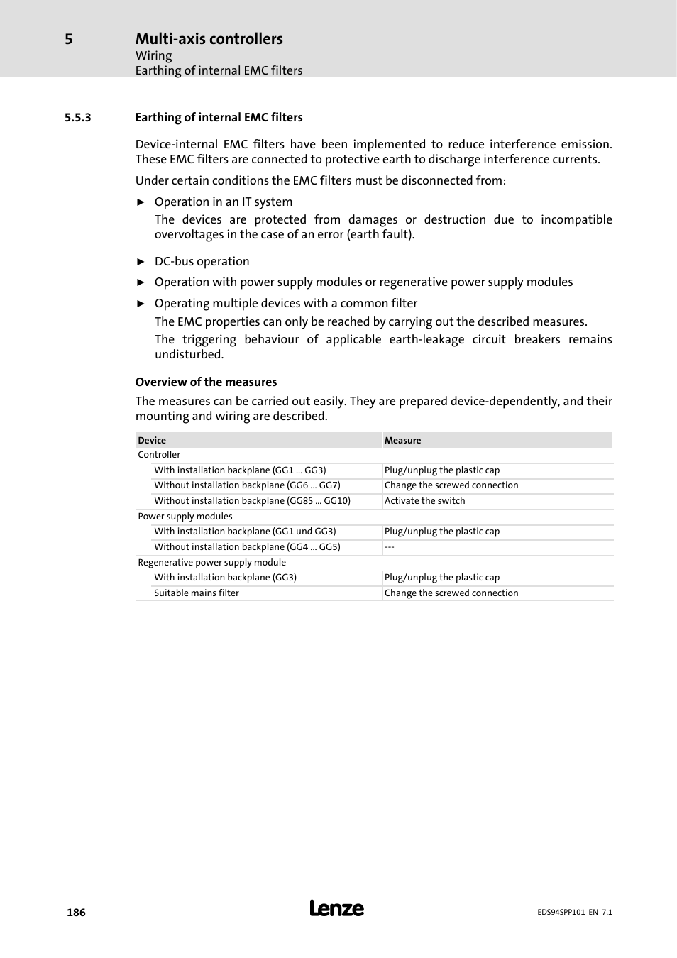 3 earthing of internal emc filters, Earthing of internal emc filters, Multi-axis controllers | Lenze 9400 Manual User Manual | Page 186 / 584