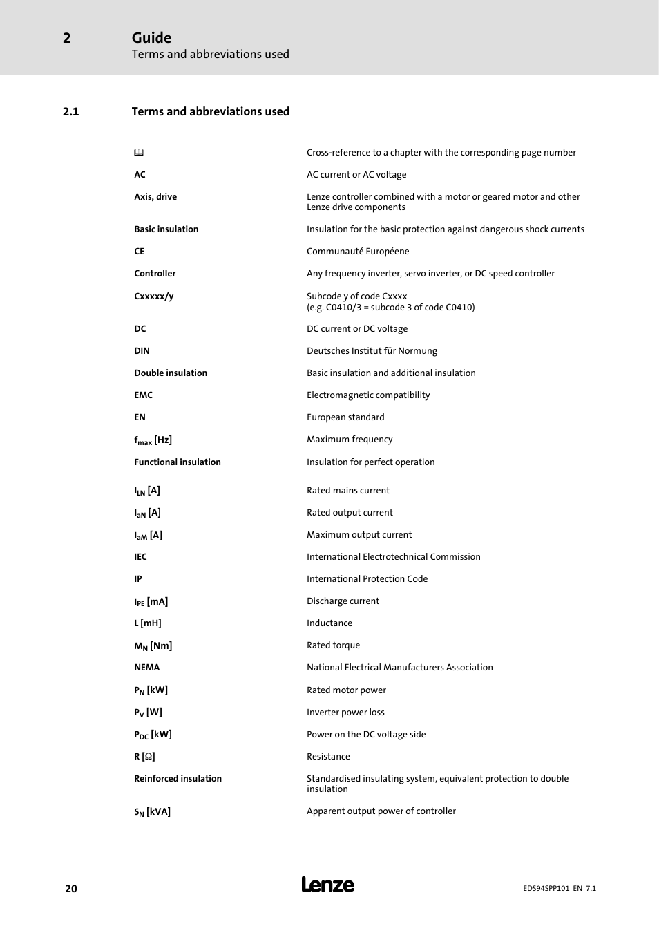 1 terms and abbreviations used, Guide, Terms and abbreviations used | Lenze 9400 Manual User Manual | Page 20 / 584