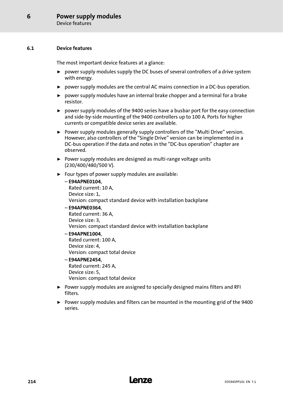 1 device features, Power supply modules | Lenze 9400 Manual User Manual | Page 214 / 584