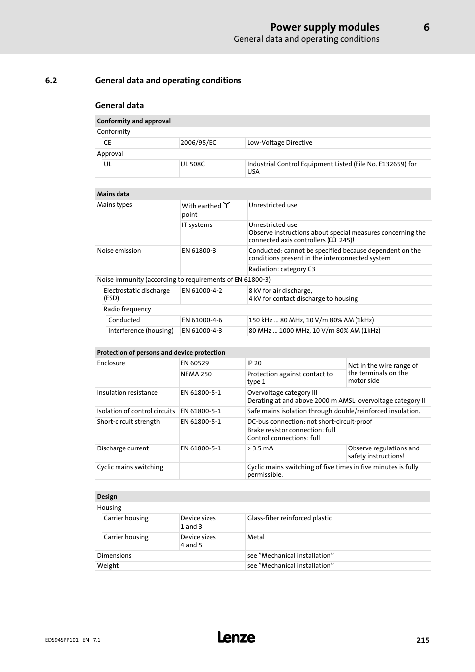 2 general data and operating conditions, Power supply modules | Lenze 9400 Manual User Manual | Page 215 / 584