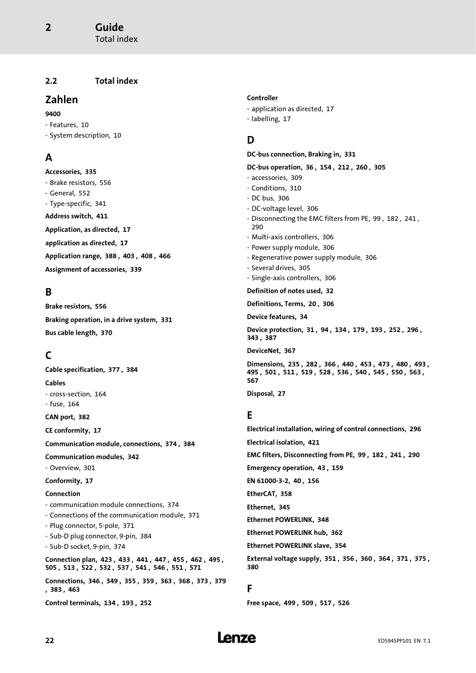 2 total index, Guide, Zahlen | Lenze 9400 Manual User Manual | Page 22 / 584