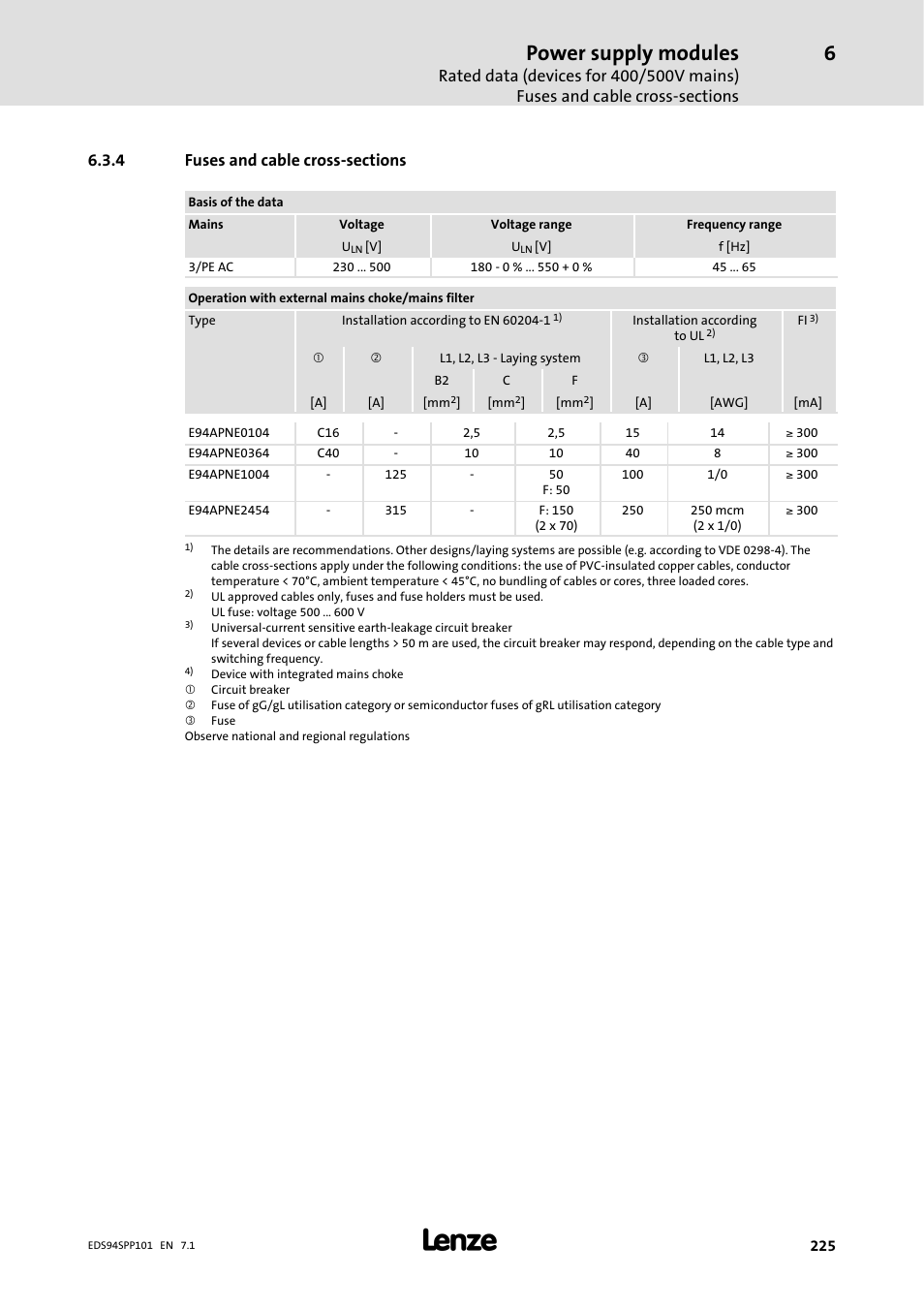 4 fuses and cable cross-sections, Fuses and cable cross-sections, Power supply modules | Lenze 9400 Manual User Manual | Page 225 / 584