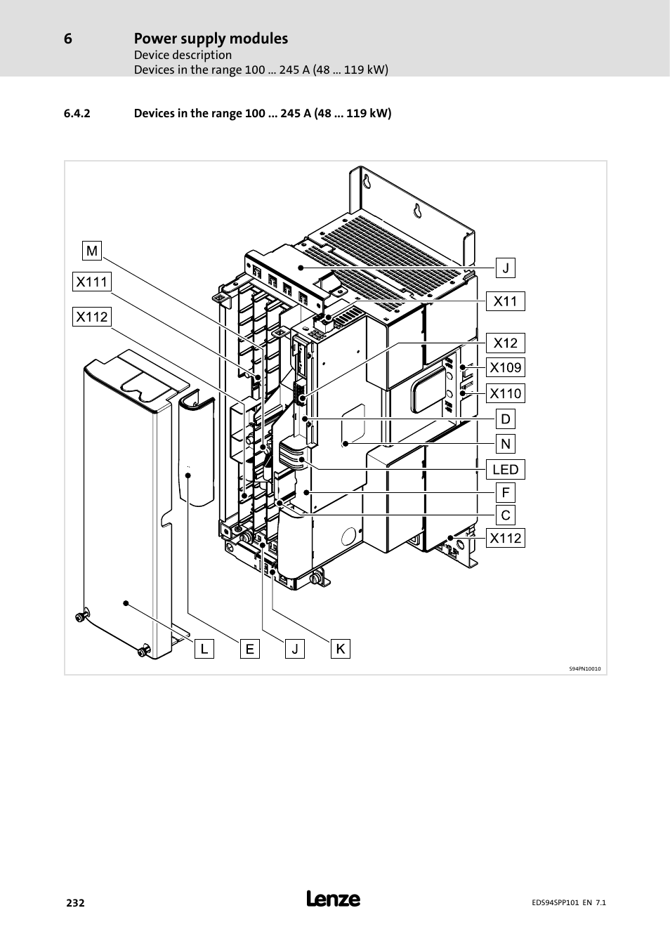 2 devices in the range 100 245 a ( 48 119 kw), Devices in the range 100 a (48 kw), Power supply modules | Lenze 9400 Manual User Manual | Page 232 / 584