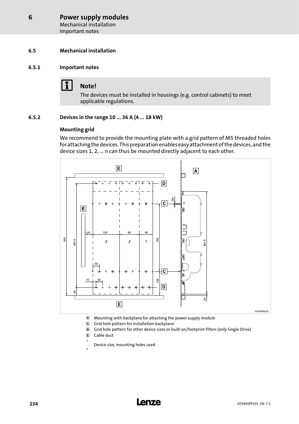 5 mechanical installation, 1 important notes, 2 devices in the range 10 36 a ( 4 18 kw) | Important notes, Devices in the range 10 a (4 kw), Power supply modules | Lenze 9400 Manual User Manual | Page 234 / 584