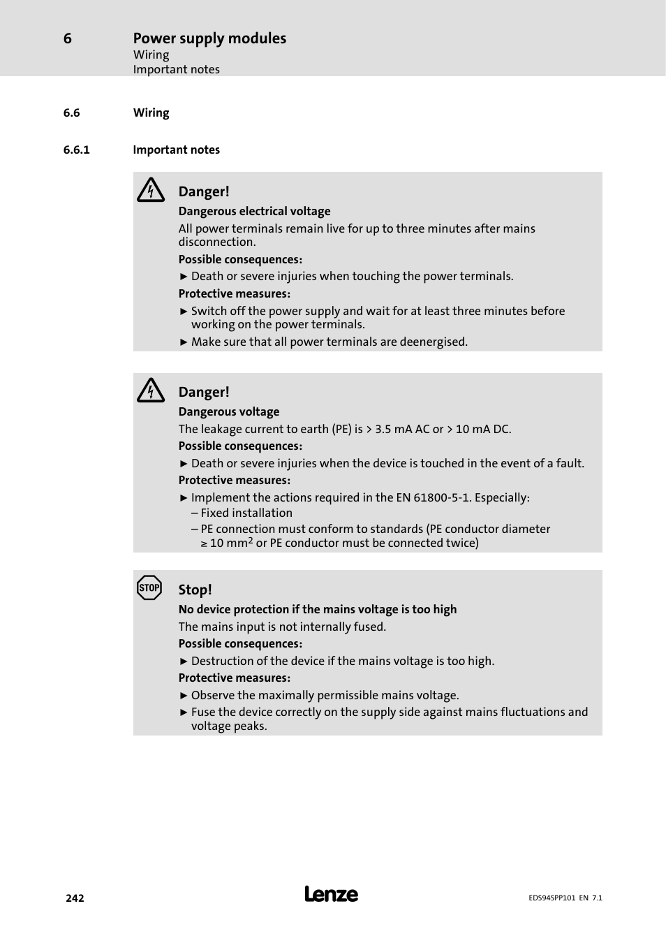 6 wiring, 1 important notes, Important notes | Power supply modules | Lenze 9400 Manual User Manual | Page 242 / 584