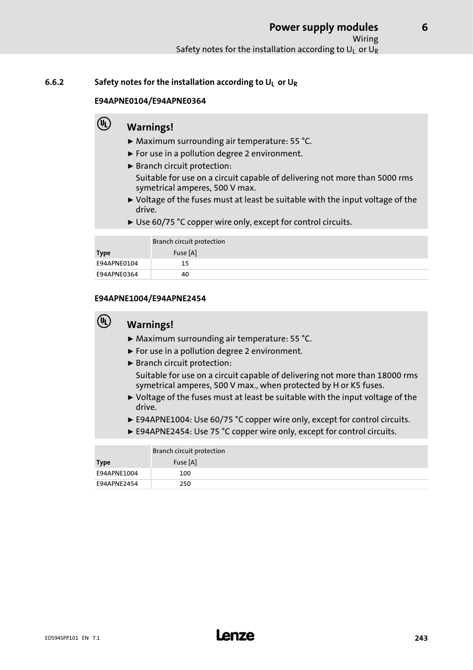 Power supply modules, Warnings | Lenze 9400 Manual User Manual | Page 243 / 584