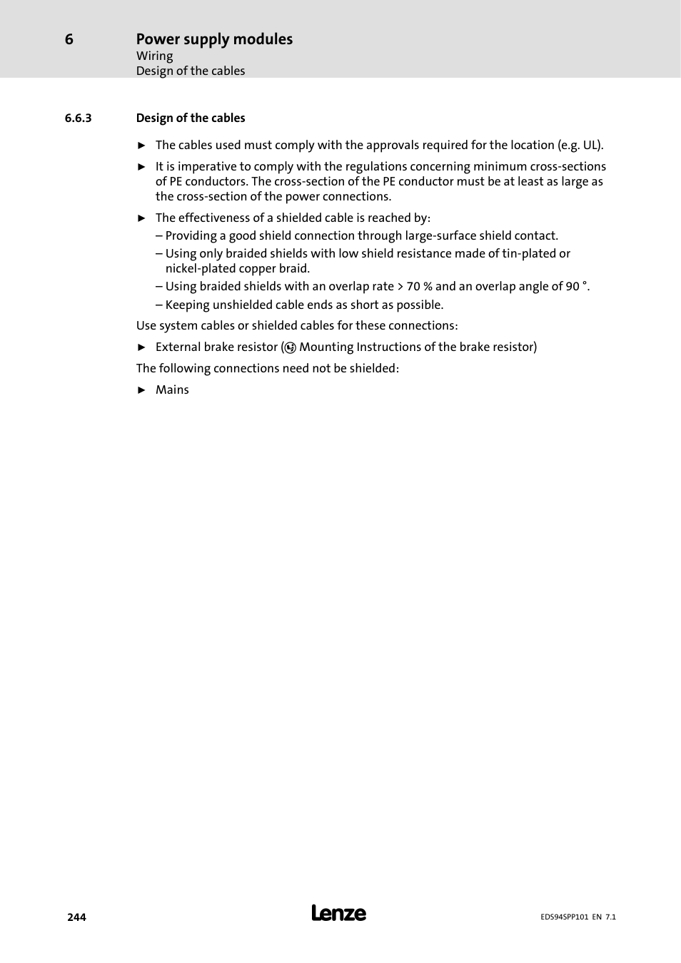 3 design of the cables, Design of the cables, Power supply modules | Lenze 9400 Manual User Manual | Page 244 / 584