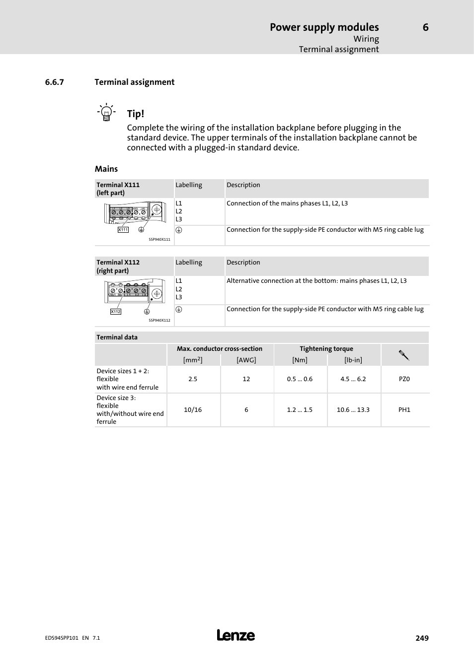 7 terminal assignment, Terminal assignment, Power supply modules | Lenze 9400 Manual User Manual | Page 249 / 584