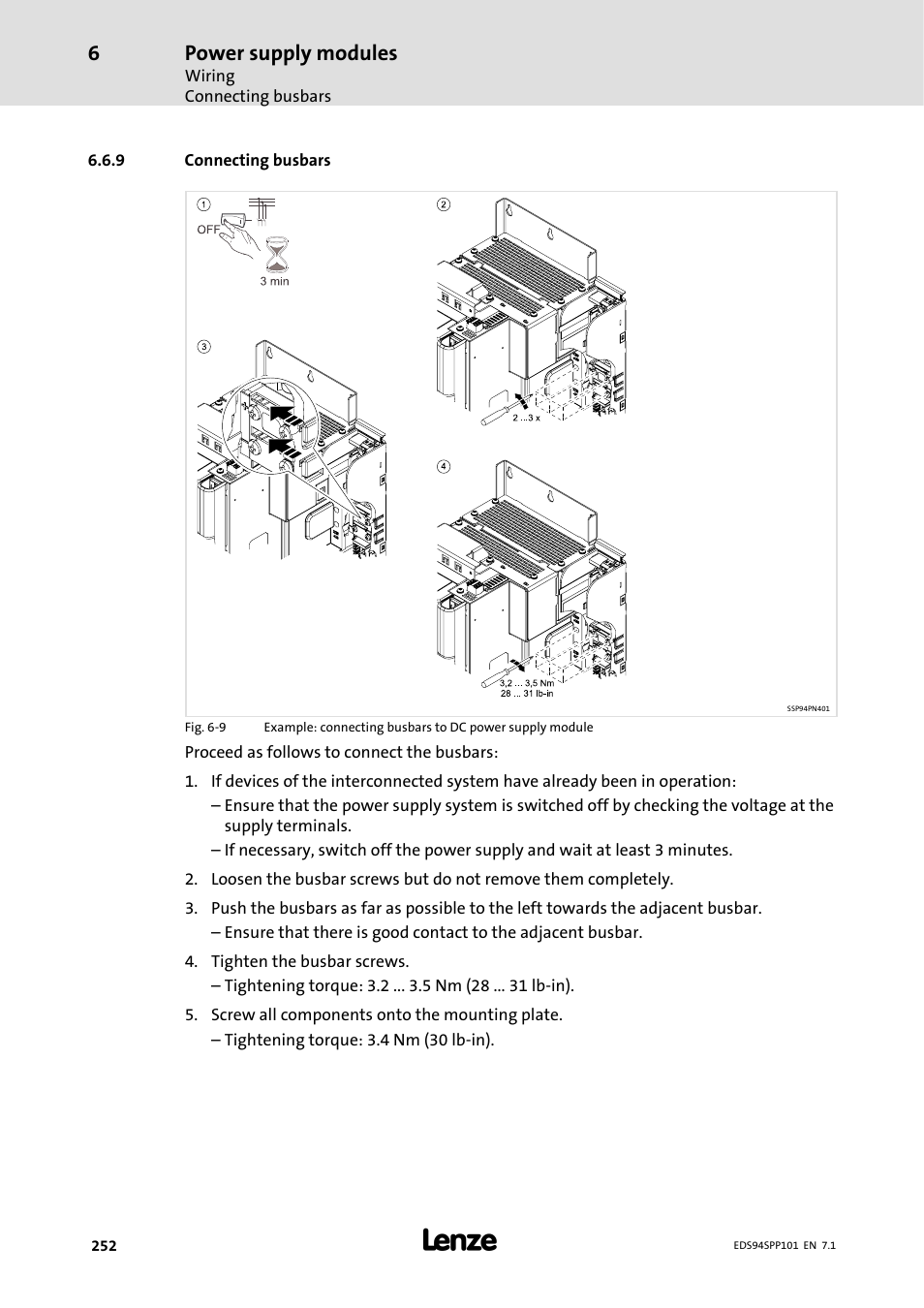 9 connecting busbars, Connecting busbars, Power supply modules | Lenze 9400 Manual User Manual | Page 252 / 584