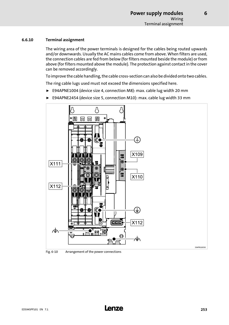 10 terminal assignment, Power supply modules | Lenze 9400 Manual User Manual | Page 253 / 584