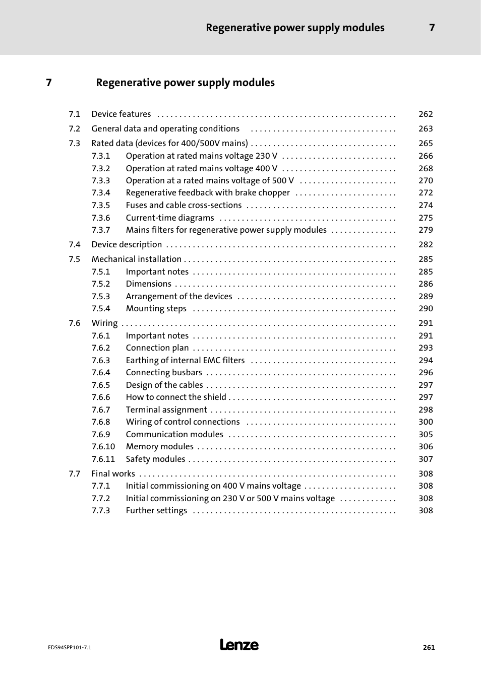 7 regenerative power supplymodules, Regenerative power supply modules, Regenerative power supply modules 7 | 7regenerative power supply modules | Lenze 9400 Manual User Manual | Page 261 / 584