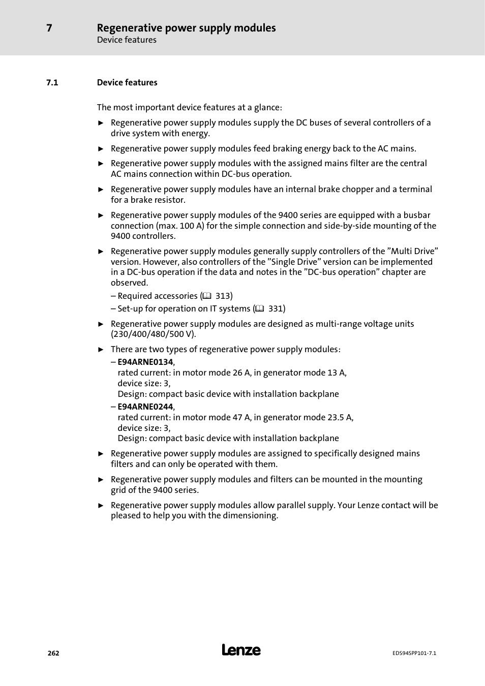 1 device features, Regenerative power supply modules | Lenze 9400 Manual User Manual | Page 262 / 584