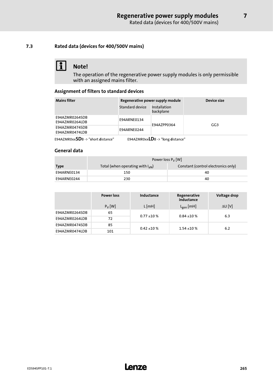 3 rated data ( devices for 400/ 500v mains), 3 rated data (devices for 400/500v mains), Regenerative power supply modules | Lenze 9400 Manual User Manual | Page 265 / 584