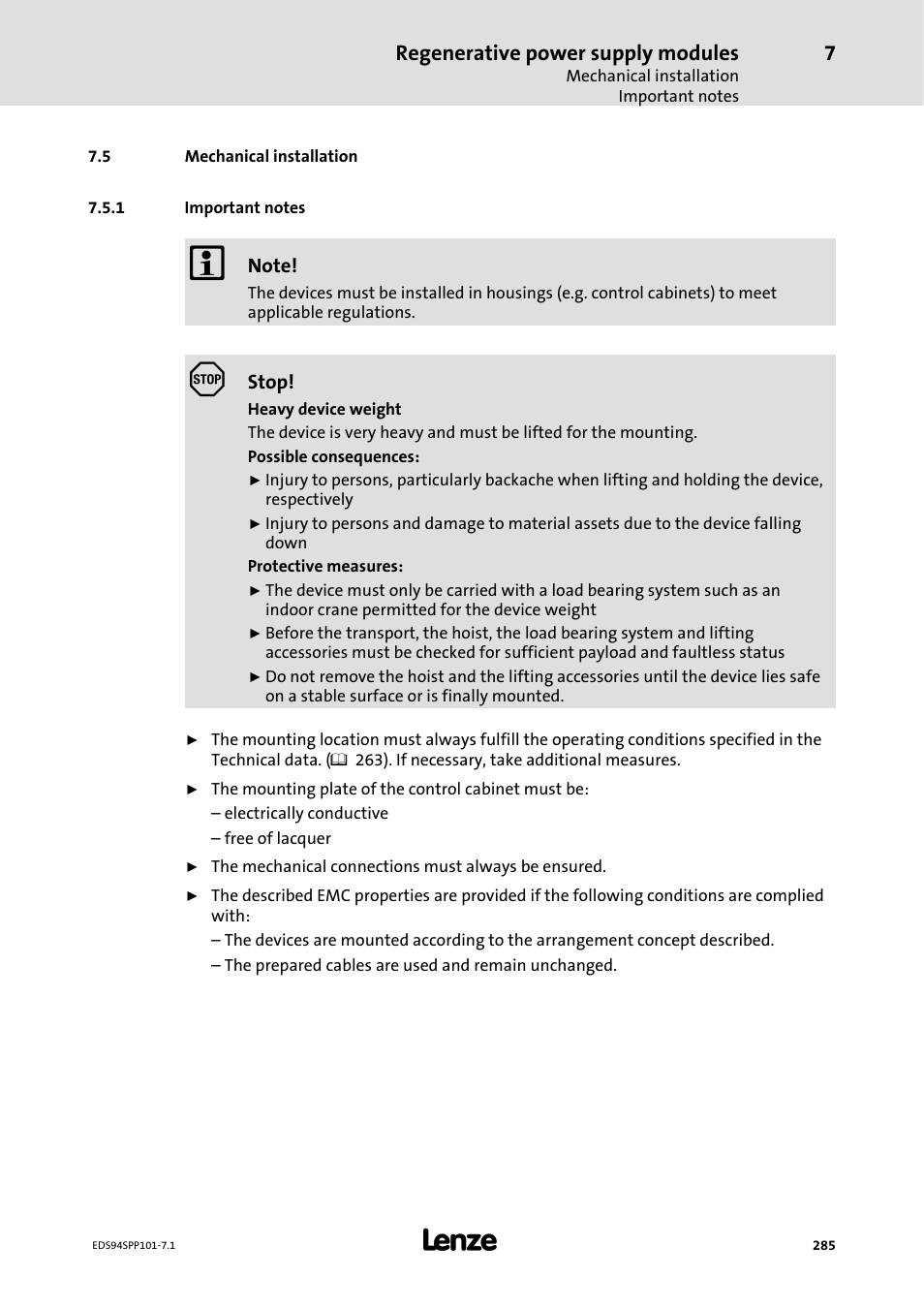 5 mechanical installation, 1 important notes, Important notes | Regenerative power supply modules | Lenze 9400 Manual User Manual | Page 285 / 584