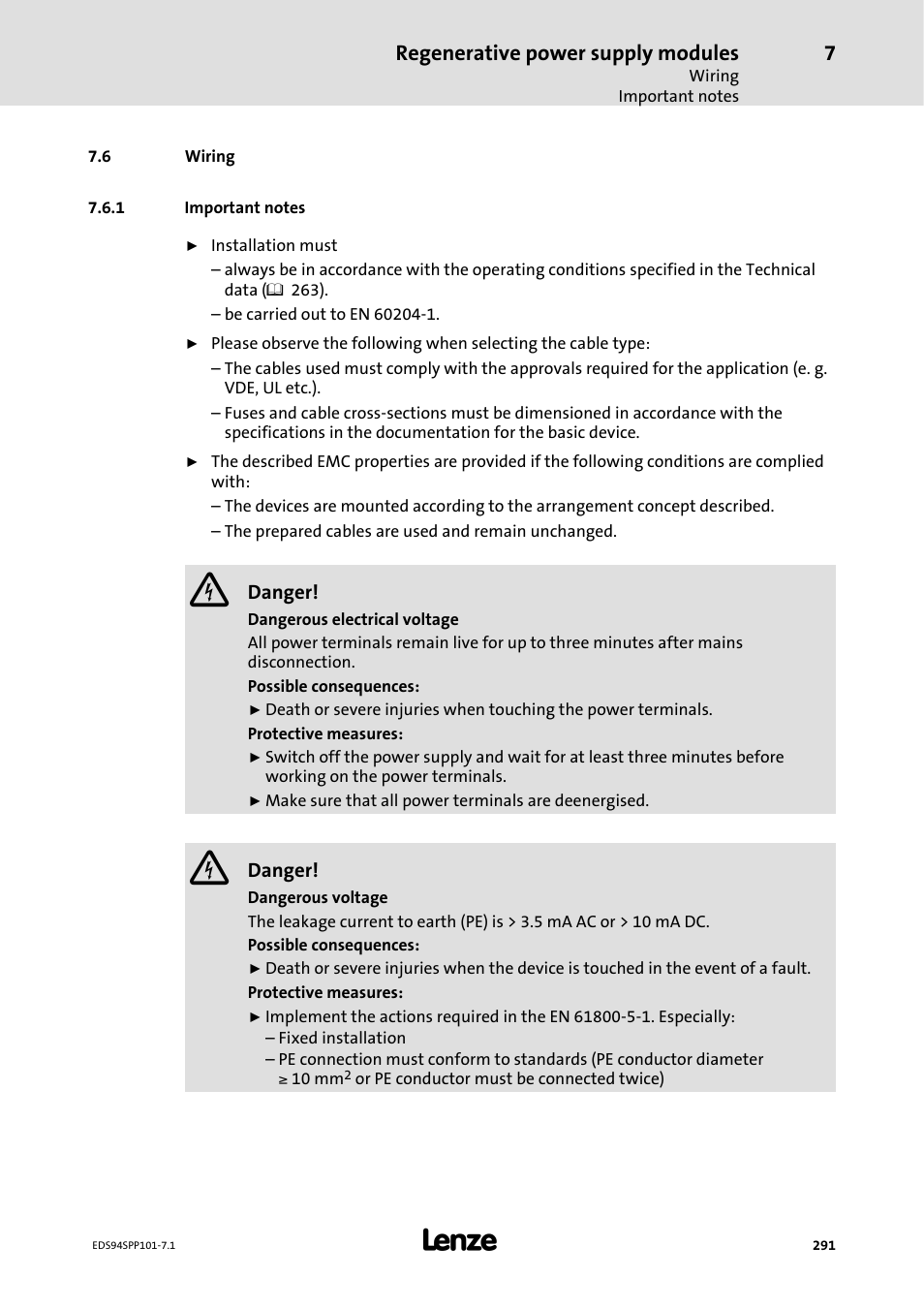 6 wiring, 1 important notes, Important notes | Regenerative power supply modules | Lenze 9400 Manual User Manual | Page 291 / 584