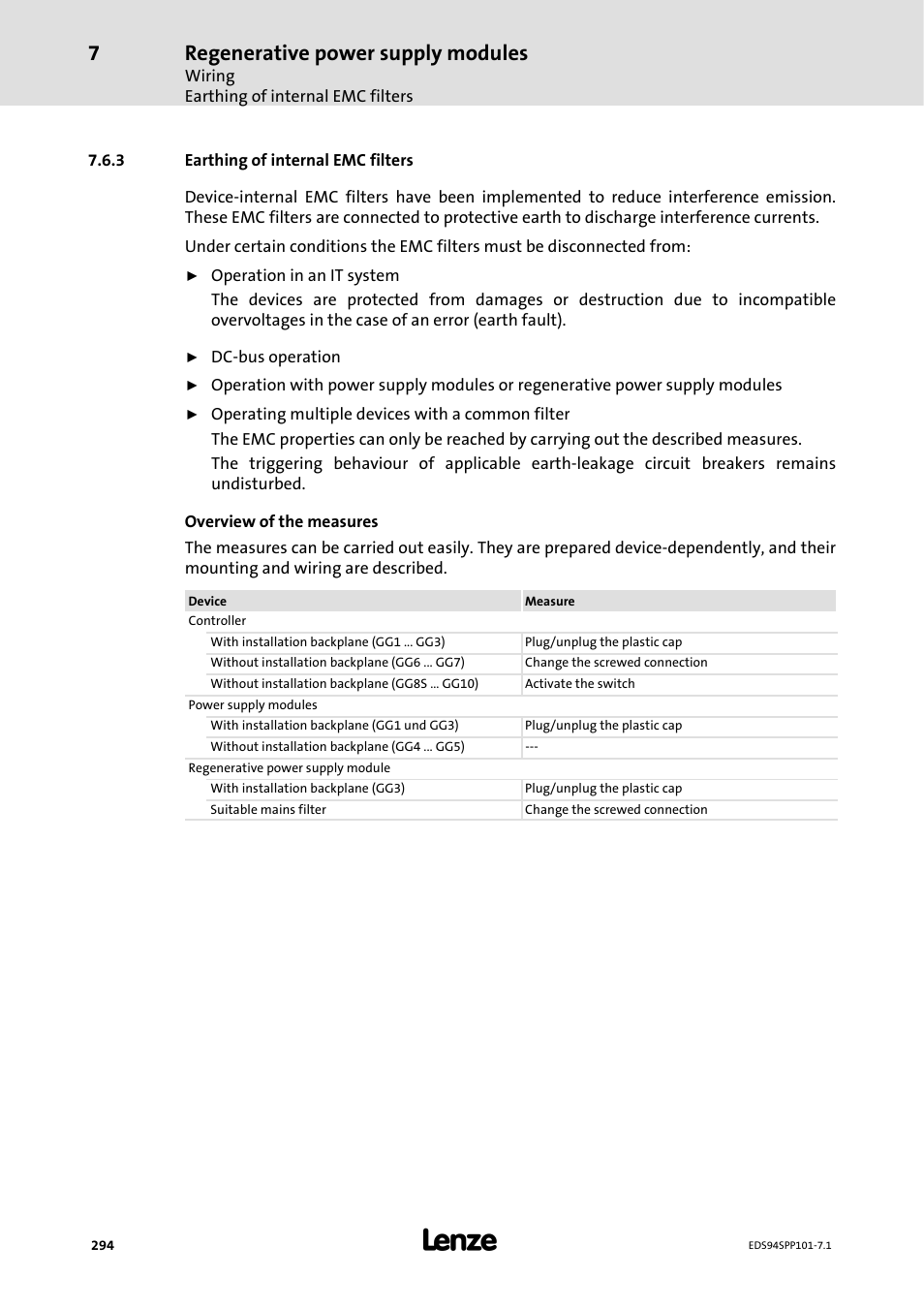 3 earthing of internal emc filters, Earthing of internal emc filters, Regenerative power supply modules | Lenze 9400 Manual User Manual | Page 294 / 584