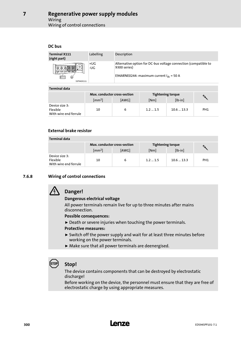 8 wiring of control connections, Wiring of control connections, Regenerative power supply modules | Danger, Stop | Lenze 9400 Manual User Manual | Page 300 / 584