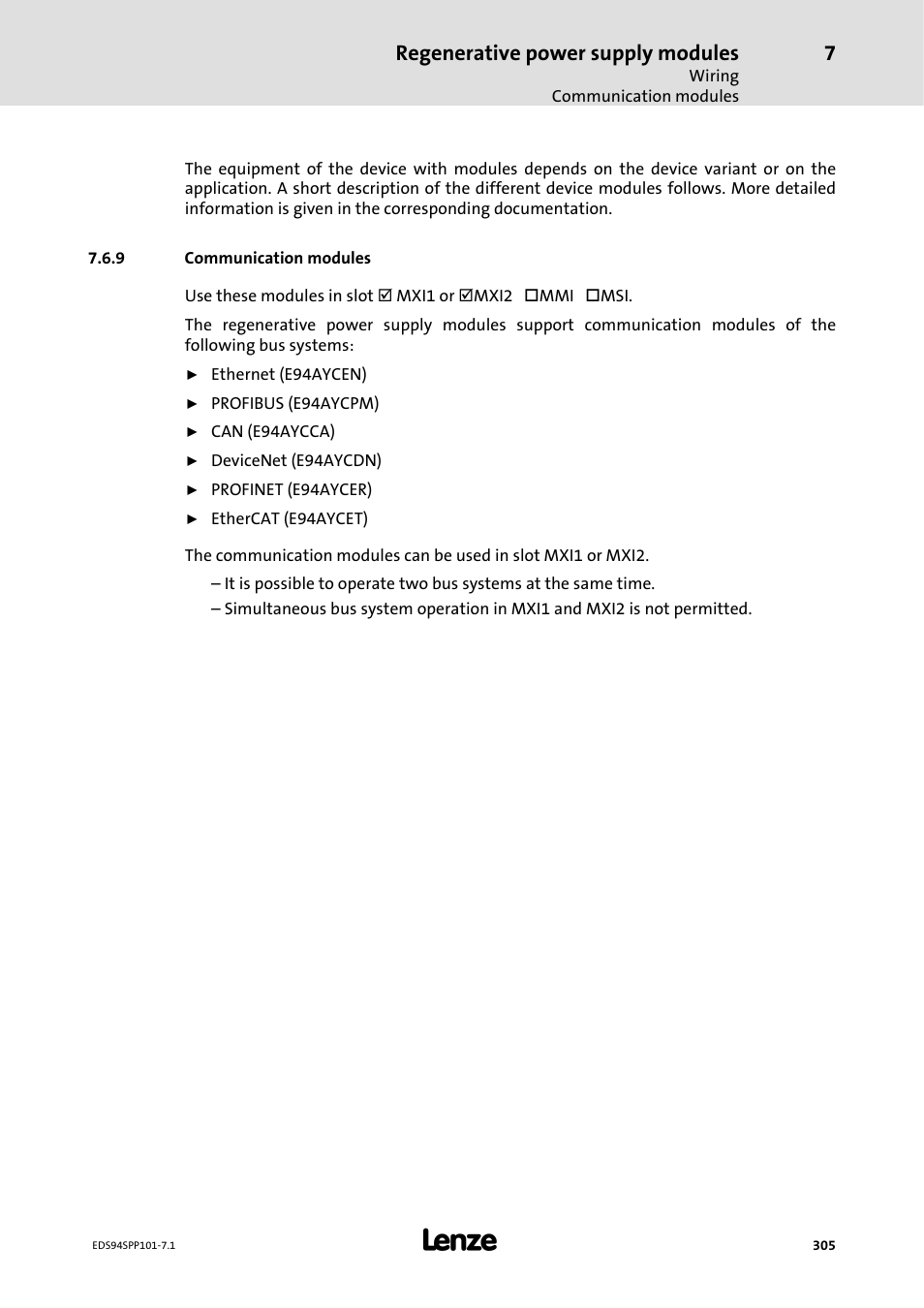 9 communication modules, Communication modules, Regenerative power supply modules | Lenze 9400 Manual User Manual | Page 305 / 584