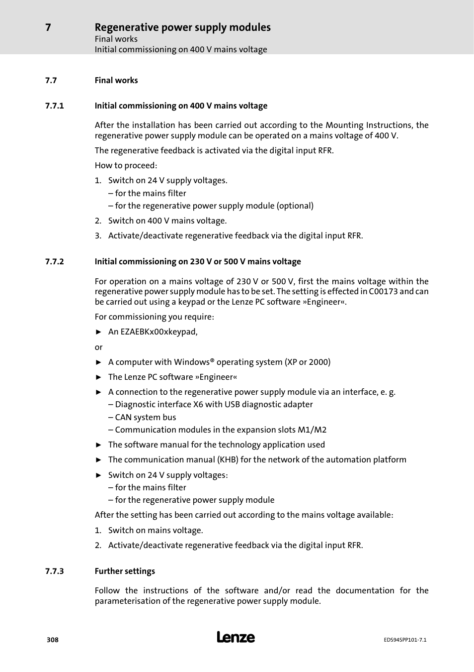 7 final works, 1 initial commissioning on 400 vmains voltage, 3 further settings | Initial commissioning on 400 v mains voltage, Further settings, Regenerative power supply modules | Lenze 9400 Manual User Manual | Page 308 / 584