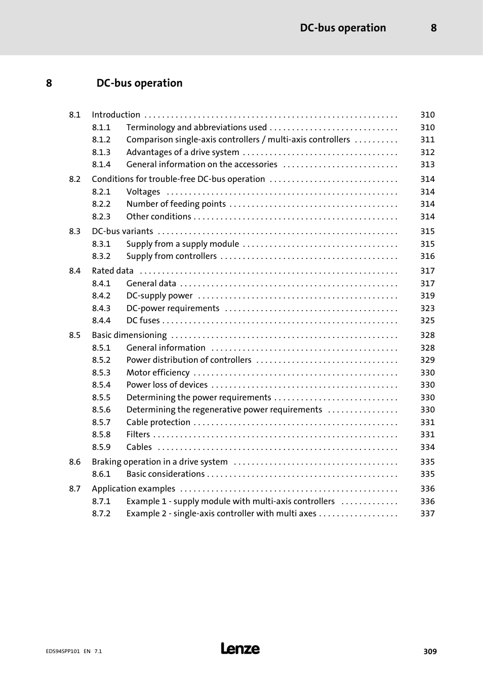 8 dc-bus operation, Dc-bus operation, Dc-bus operation 8 | 8dc-bus operation | Lenze 9400 Manual User Manual | Page 309 / 584