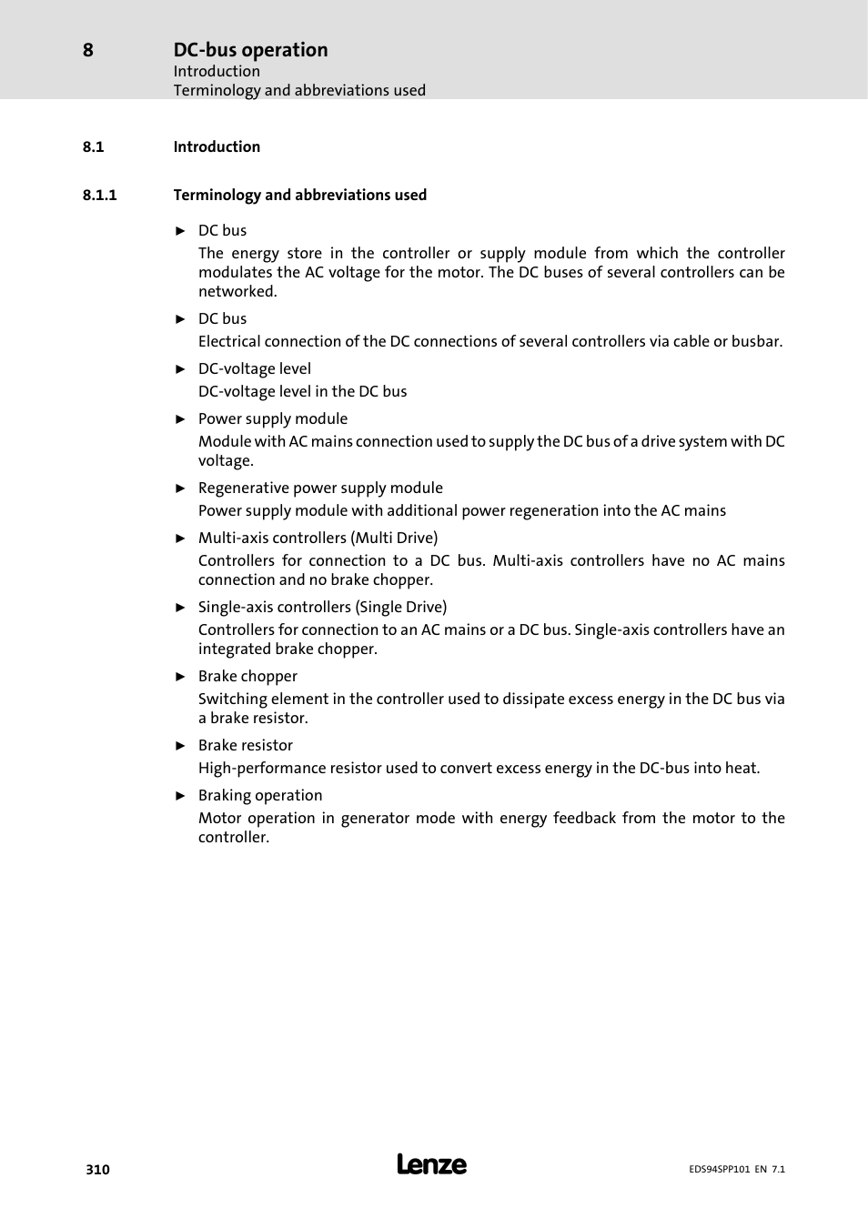 1 introduction, 1 terminology and abbreviations used, Terminology and abbreviations used | Dc-bus operation | Lenze 9400 Manual User Manual | Page 310 / 584