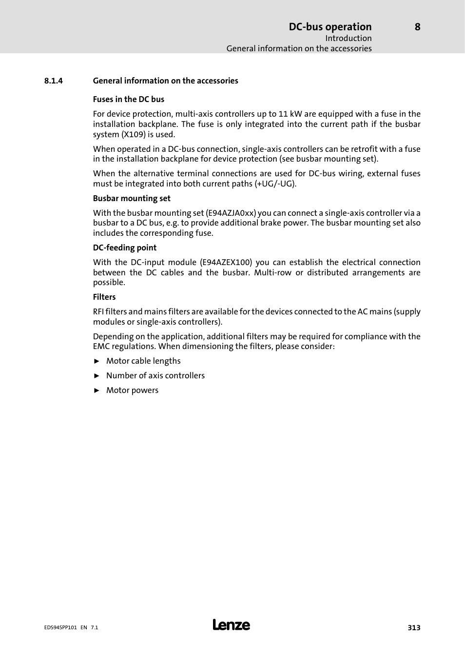 4 general information on the accessories, General information on the accessories, Dc-bus operation | Lenze 9400 Manual User Manual | Page 313 / 584