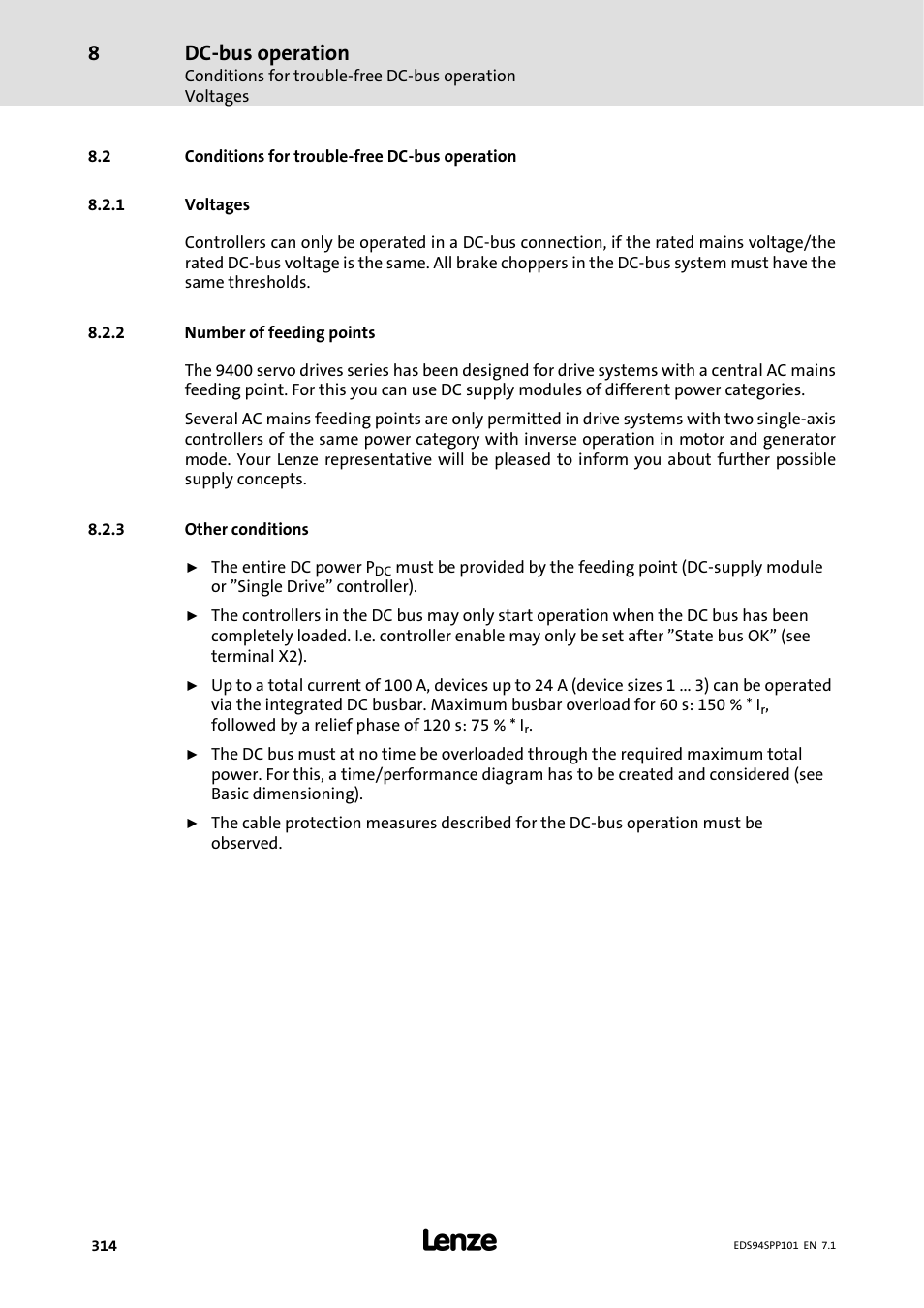 2 conditions for trouble-free dc-bus operation, 1 voltages, 2 number of feeding points | 3 other conditions, Voltages, Number of feeding points, Other conditions, Dc-bus operation | Lenze 9400 Manual User Manual | Page 314 / 584