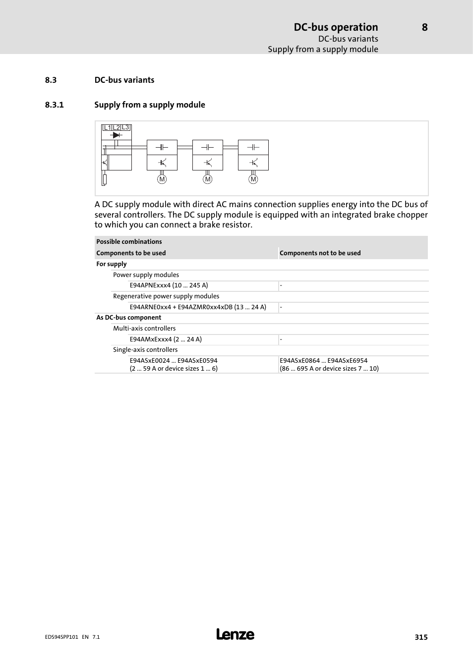 3 dc-bus variants, 1 supply from a supplymodule, Supply from a supply module | Dc-bus operation | Lenze 9400 Manual User Manual | Page 315 / 584