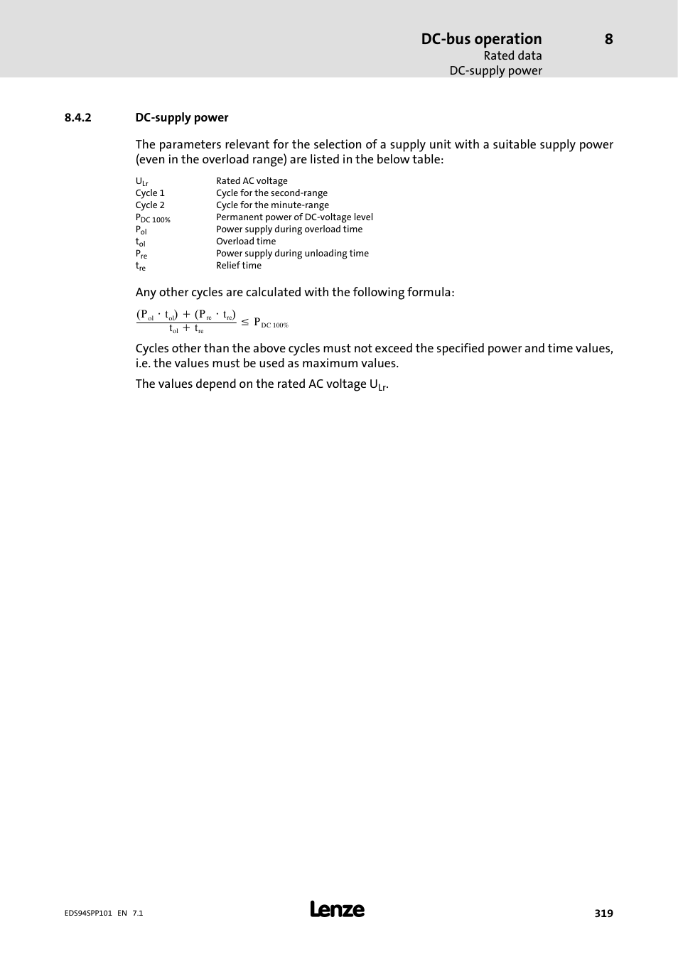 2 dc-supply power, Dc-supply power, Dc-bus operation | Lenze 9400 Manual User Manual | Page 319 / 584