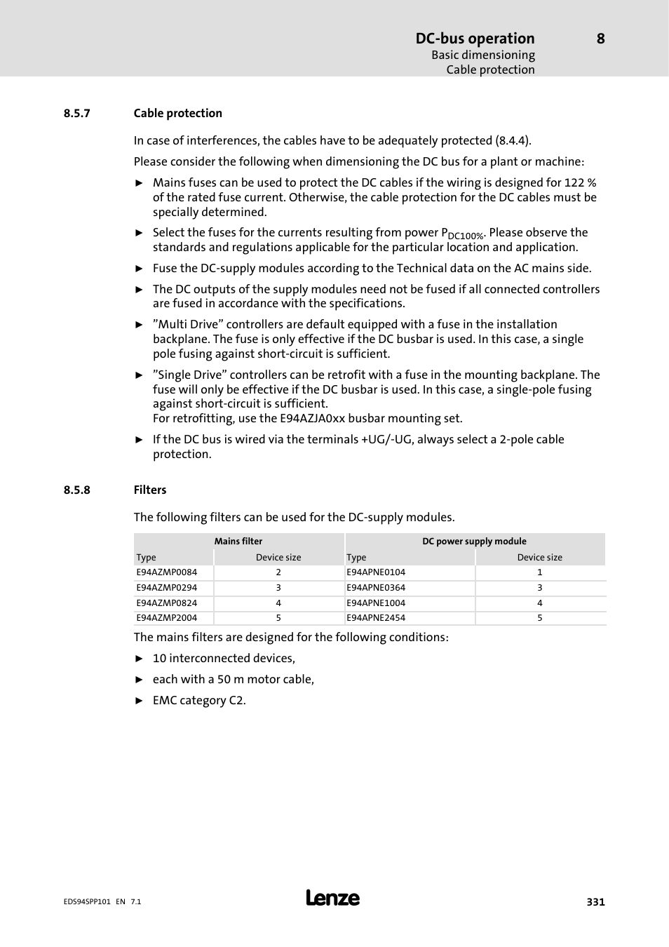 7 cable protection, 8 filters, Cable protection | Filters, Dc-bus operation | Lenze 9400 Manual User Manual | Page 331 / 584