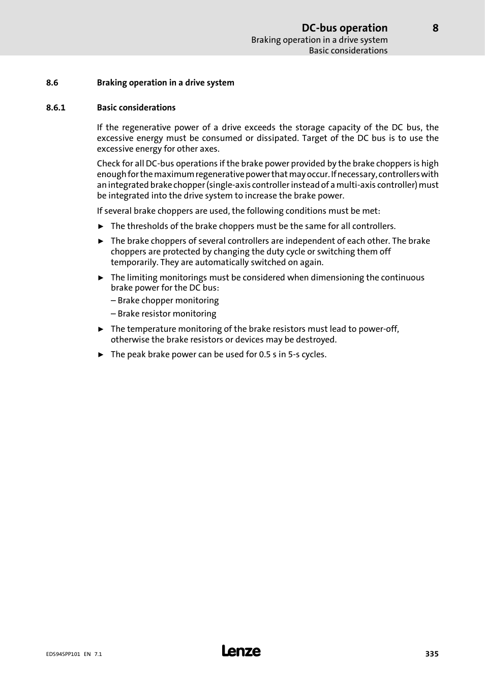 6 braking operation in a drive system, 1 basic considerations, Basic considerations | Dc-bus operation | Lenze 9400 Manual User Manual | Page 335 / 584