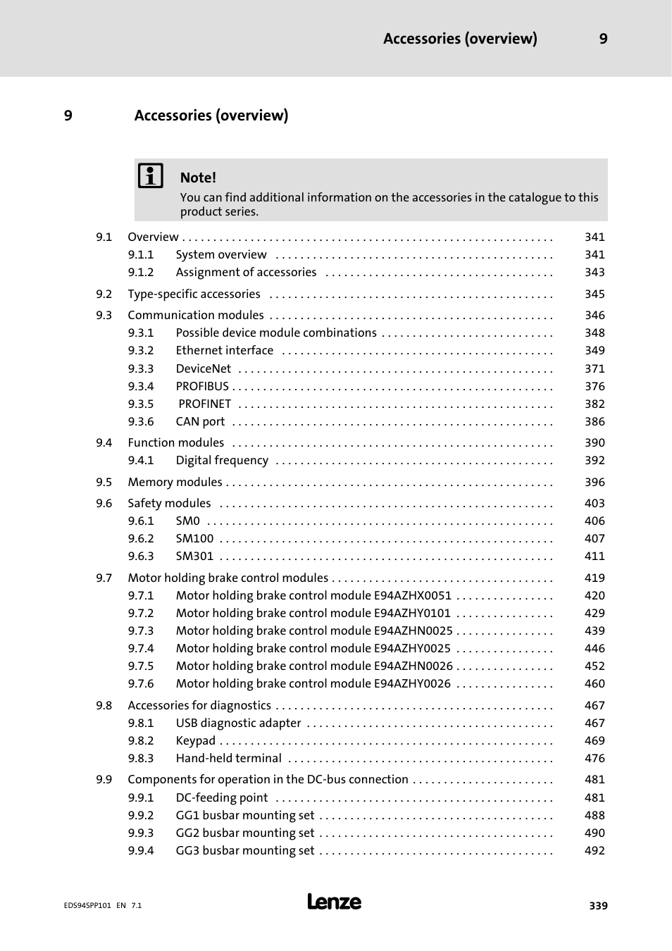 9 accessories ( overview), Accessories (overview), Accessories (overview) 9 | 9accessories (overview) | Lenze 9400 Manual User Manual | Page 339 / 584