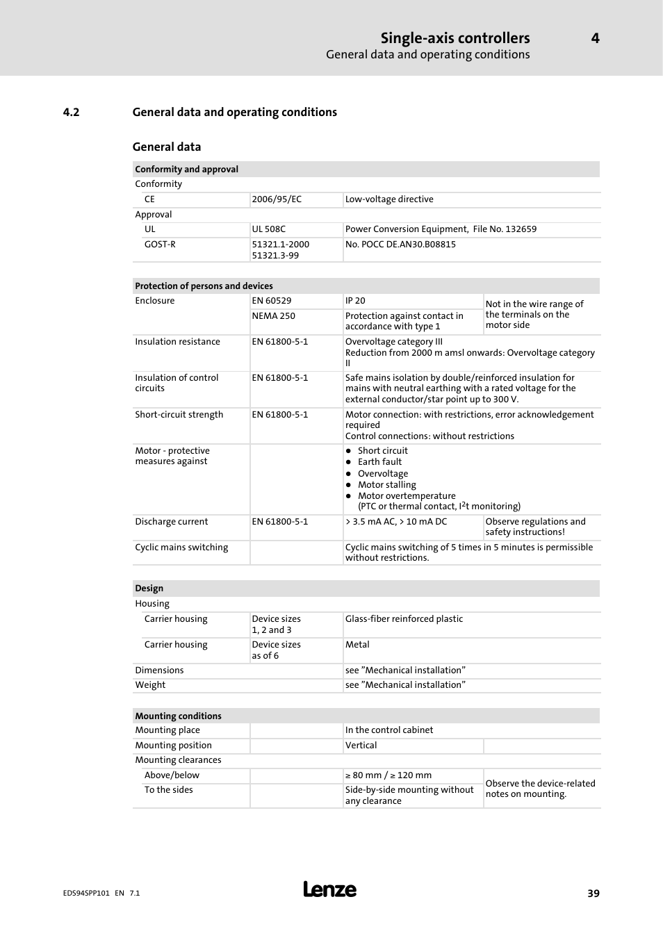 2 general data and operating conditions, Single-axis controllers, General data and operating conditions | Lenze 9400 Manual User Manual | Page 39 / 584