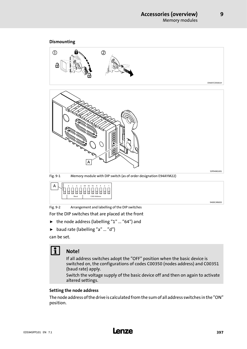 Accessories (overview), Dismounting, For the dip switches that are placed at the front | The node address (labelling ”1” ... ”64”) and, Baud rate (labelling ”a” ... ”d”) can be set | Lenze 9400 Manual User Manual | Page 397 / 584