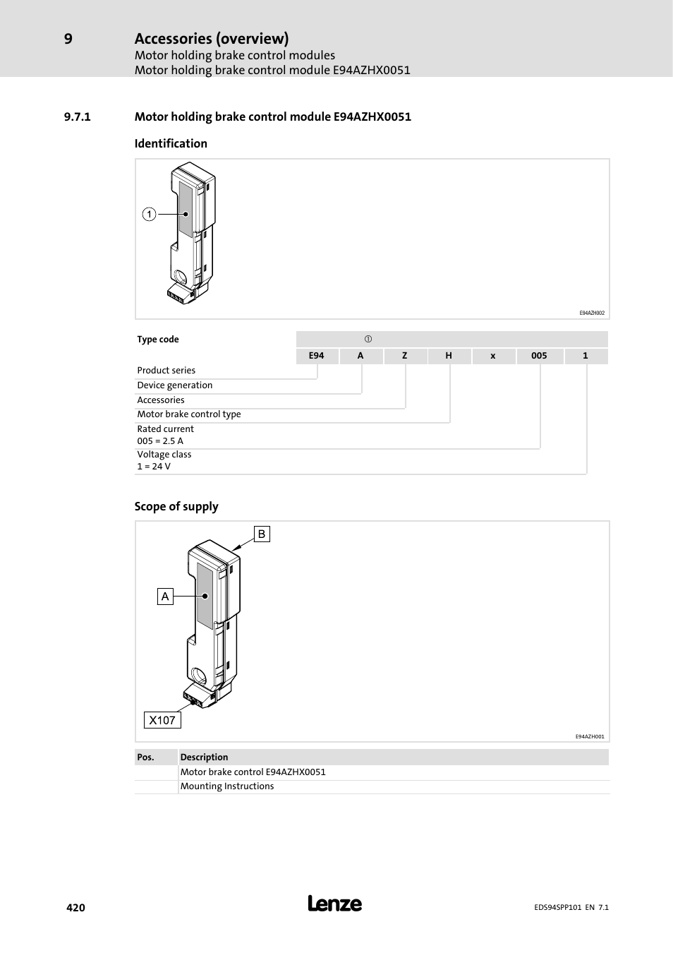 1 motor holding brake control module e94azhx0051, Motor holding brake control module e94azhx0051, Accessories (overview) | Lenze 9400 Manual User Manual | Page 420 / 584