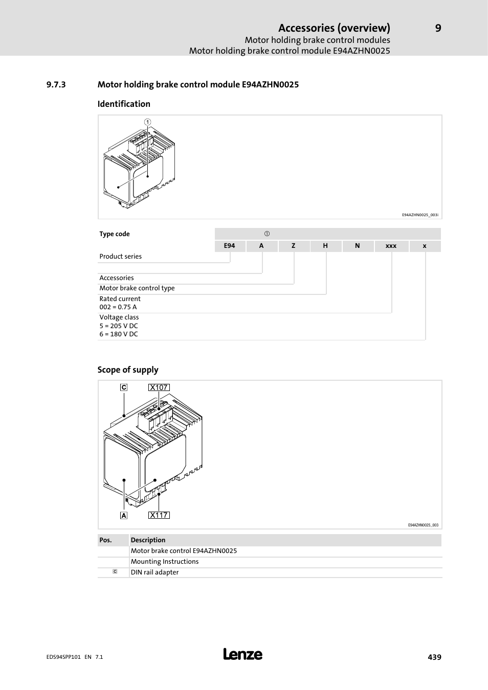 3 motor holding brake control module e94azhn0025, Motor holding brake control module e94azhn0025, Accessories (overview) | Lenze 9400 Manual User Manual | Page 439 / 584