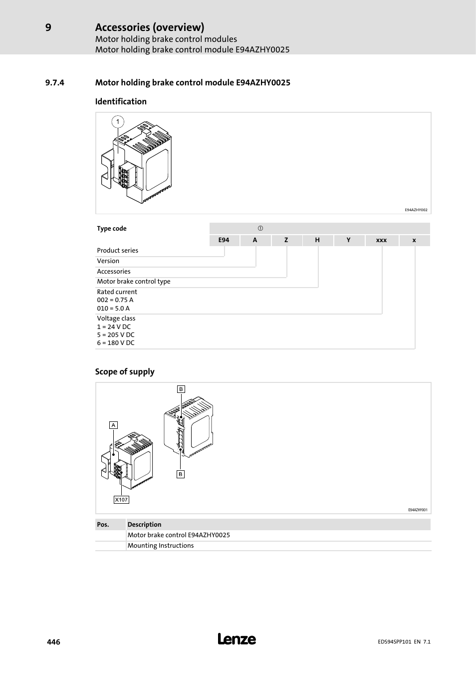 4 motor holding brake control module e94azhy0025, Motor holding brake control module e94azhy0025, Accessories (overview) | Lenze 9400 Manual User Manual | Page 446 / 584