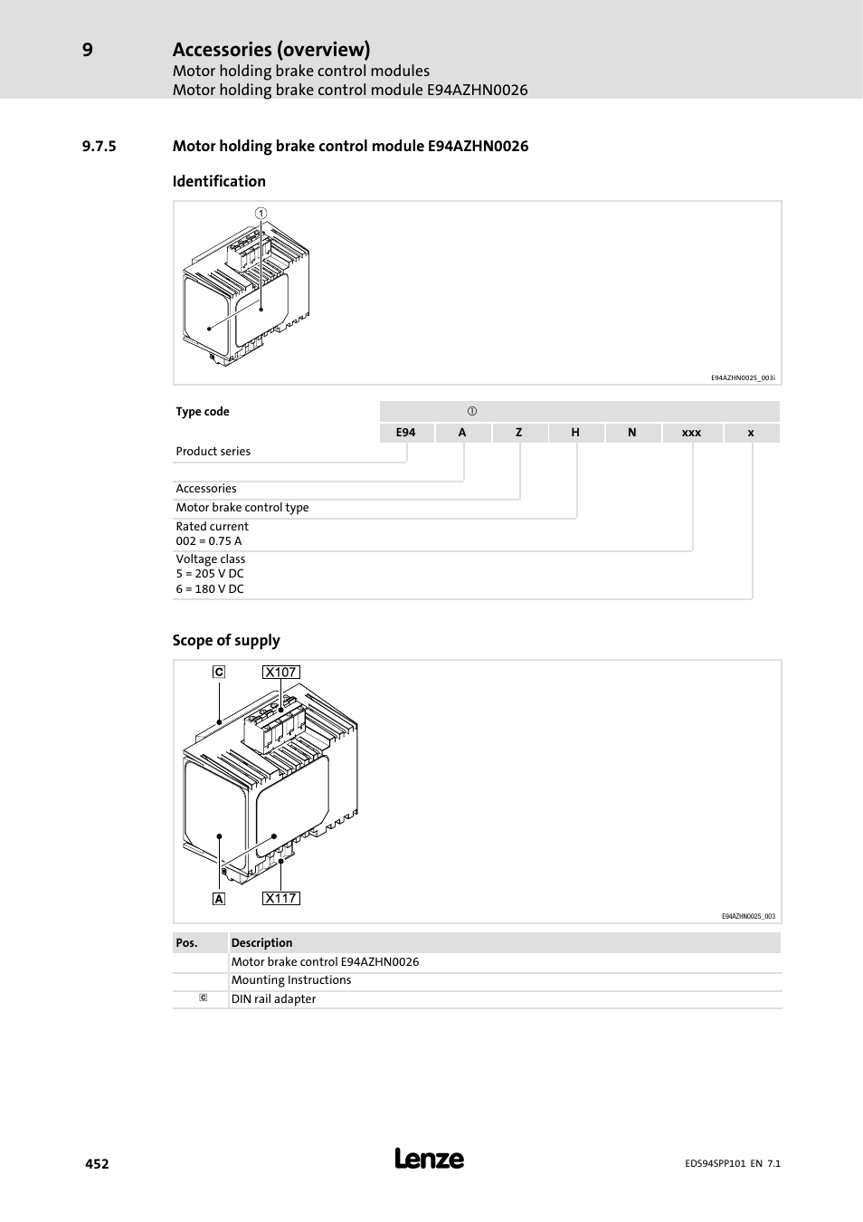 5 motor holding brake control module e94azhn0026, Motor holding brake control module e94azhn0026, Accessories (overview) | Lenze 9400 Manual User Manual | Page 452 / 584