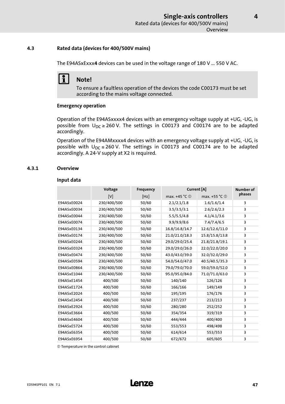 3 rated data ( devices for 400/ 500v mains), 1 overview, 3 rated data (devices for 400/500v mains) | Overview, Single-axis controllers | Lenze 9400 Manual User Manual | Page 47 / 584