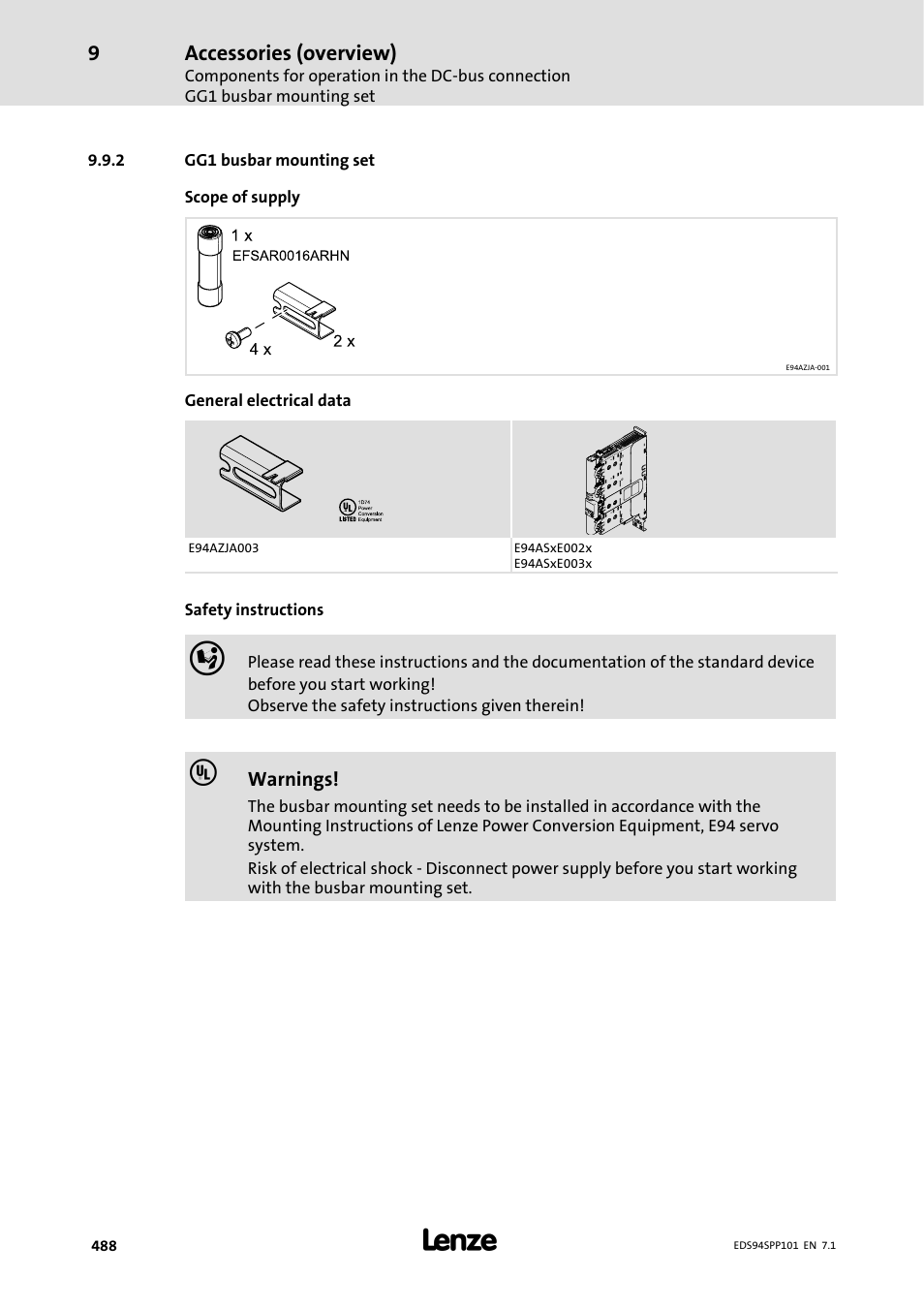 2 gg1 busbar mounting set, Gg1 busbar mounting set | Lenze 9400 Manual User Manual | Page 488 / 584