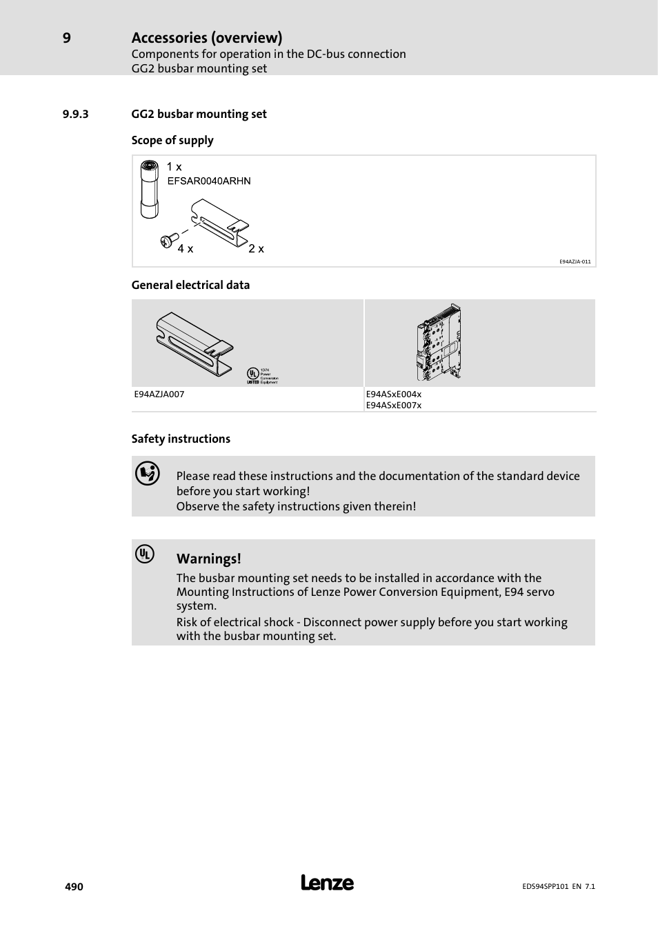 3 gg2 busbar mounting set, Gg2 busbar mounting set | Lenze 9400 Manual User Manual | Page 490 / 584