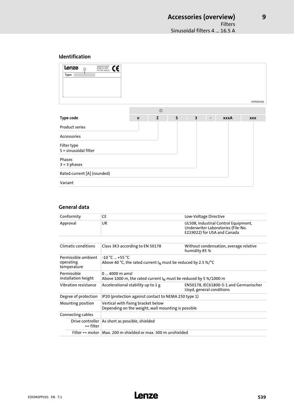 Accessories (overview), Filters sinusoidal filters 4 a, Identification | General data | Lenze 9400 Manual User Manual | Page 540 / 584