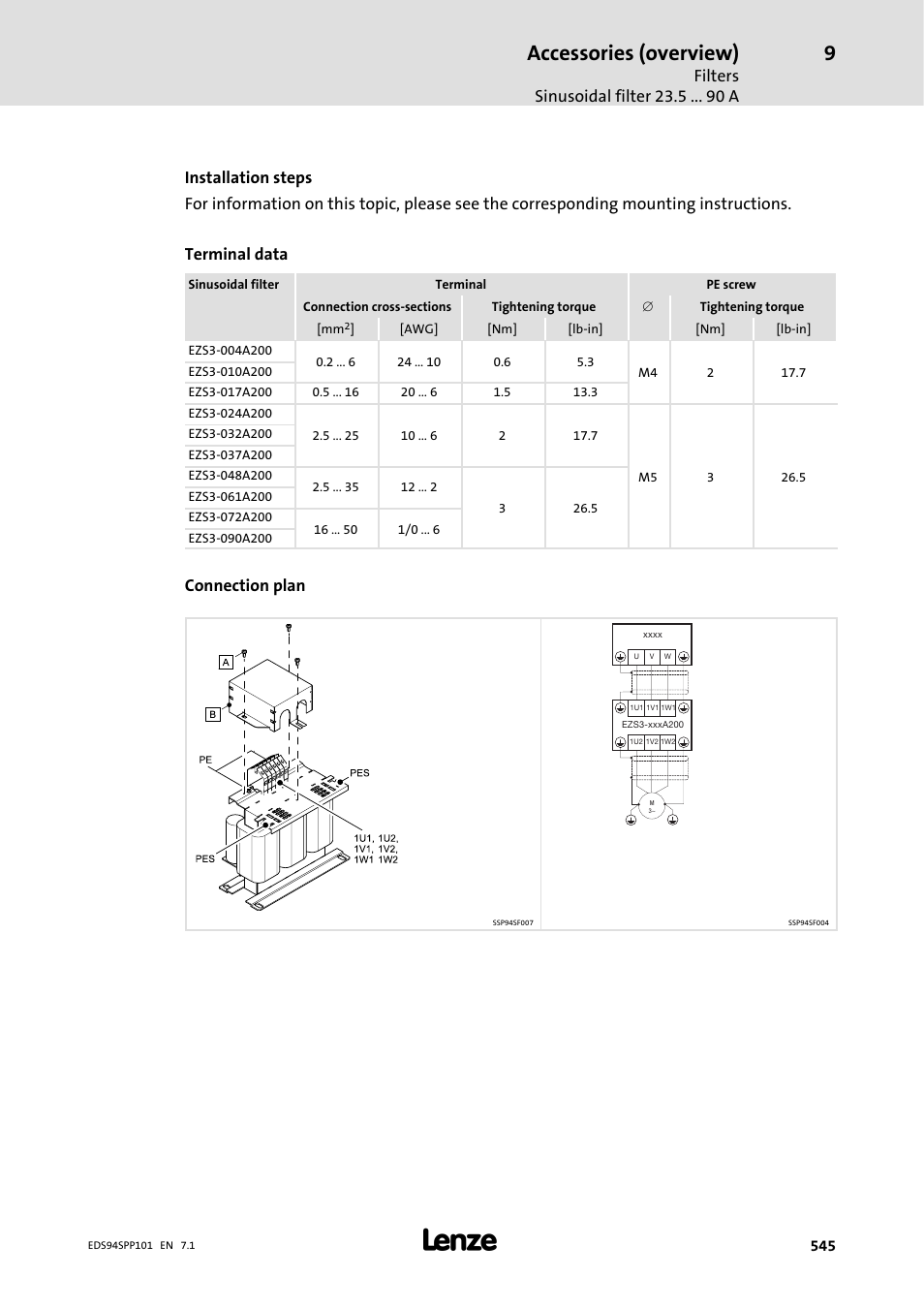 Accessories (overview), Filters sinusoidal filter 23.5 a, Connection plan | Lenze 9400 Manual User Manual | Page 546 / 584