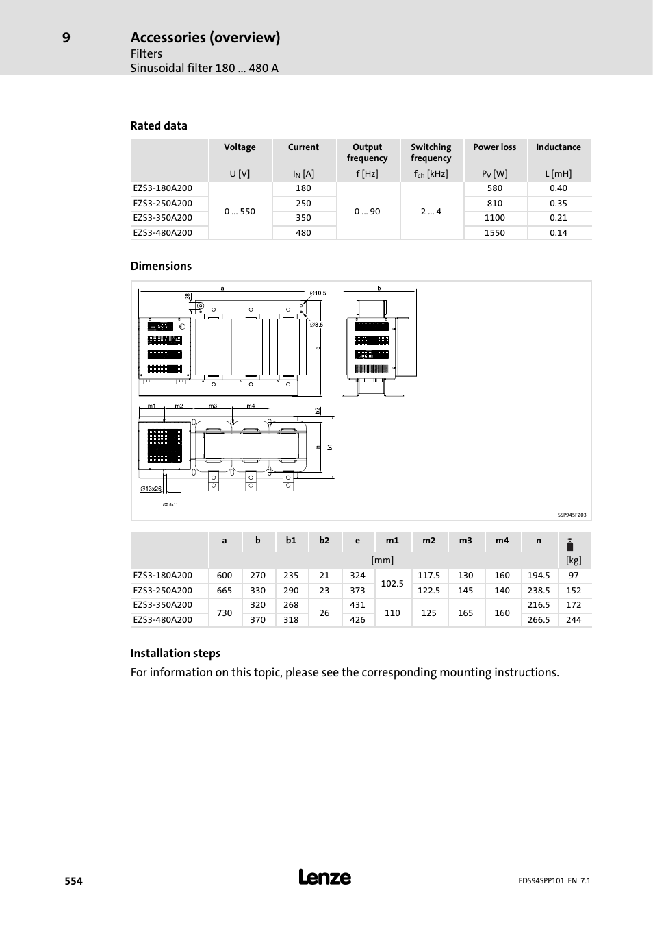 Accessories (overview), Filters sinusoidal filter 180 a, Rated data | Dimensions | Lenze 9400 Manual User Manual | Page 555 / 584